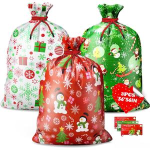 Wyegey Jumbo Gift Bags, Giant Size 36x56 inch, 3pcs with Tags & Tie, Heavy-Duty Plastic Xmas Bags (B-Extra Large)