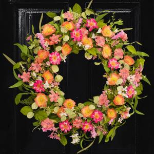 24 Inch Pink Orange Colorful Wildflowers Wreath, Artificial Poppy Wreath with Greenery Leaves, Spring Summer Decor Wreath for Front Door, Indoor Outdoor Wall, Window, & Farmhouse Home Decor