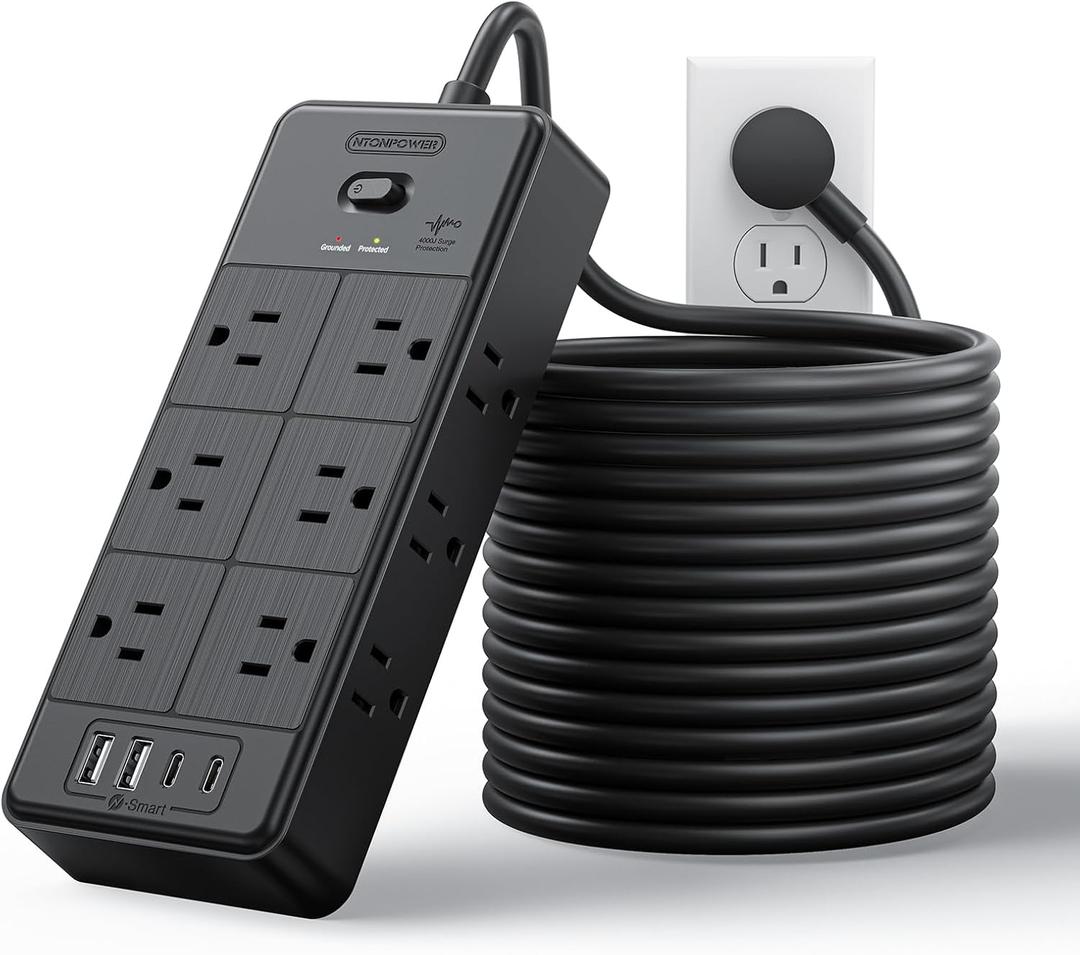 NTONPOWER Long Cord Power Strip, 25 FT Extension Cord with 12 Outlets & 4 USB Ports (2 USB C), 3 Side Multiple Outlet Extender, Wall Mounted for Home Office (Black)