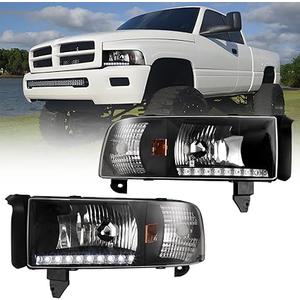 ROXX Headlights Assembly for 1994-2001 Dodge Ram 1500 2500 3500, 1995-2002 Dodge Ram 4000, Headlights w/Led Drl, Amber Reflector, High Low Beam, Driver & Passenger Side (With Led DRL)