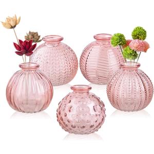 ELEGANTTIME Single Glass Bud Vase Pink Vases for Centerpieces Decor Glass Flower Vase Bottle with Crok Wire Iron Handle Design for Cafes, Office Table, Home and Garden