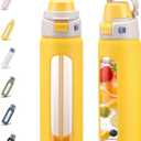 MUKOKO 2-in-1 Borosilicate Glass Water Bottle with Straw for Sports and Travel, 24oz Drinking Bottle with Silicone Sleeve, BPA Free, Leak Proof, Yellow