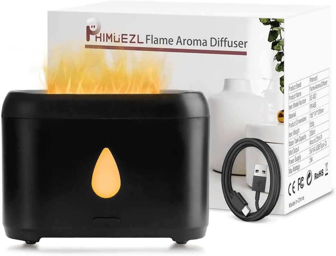 Flame Diffuser for Essential Oils, 200ml Ultrasonic Aroma Diffusers with Cool Mist, Aromatherapy Diffuser with Auto-Off Protection, Small Humidifier for Home,Office,Bedroom,Gift, Unscented (Black)