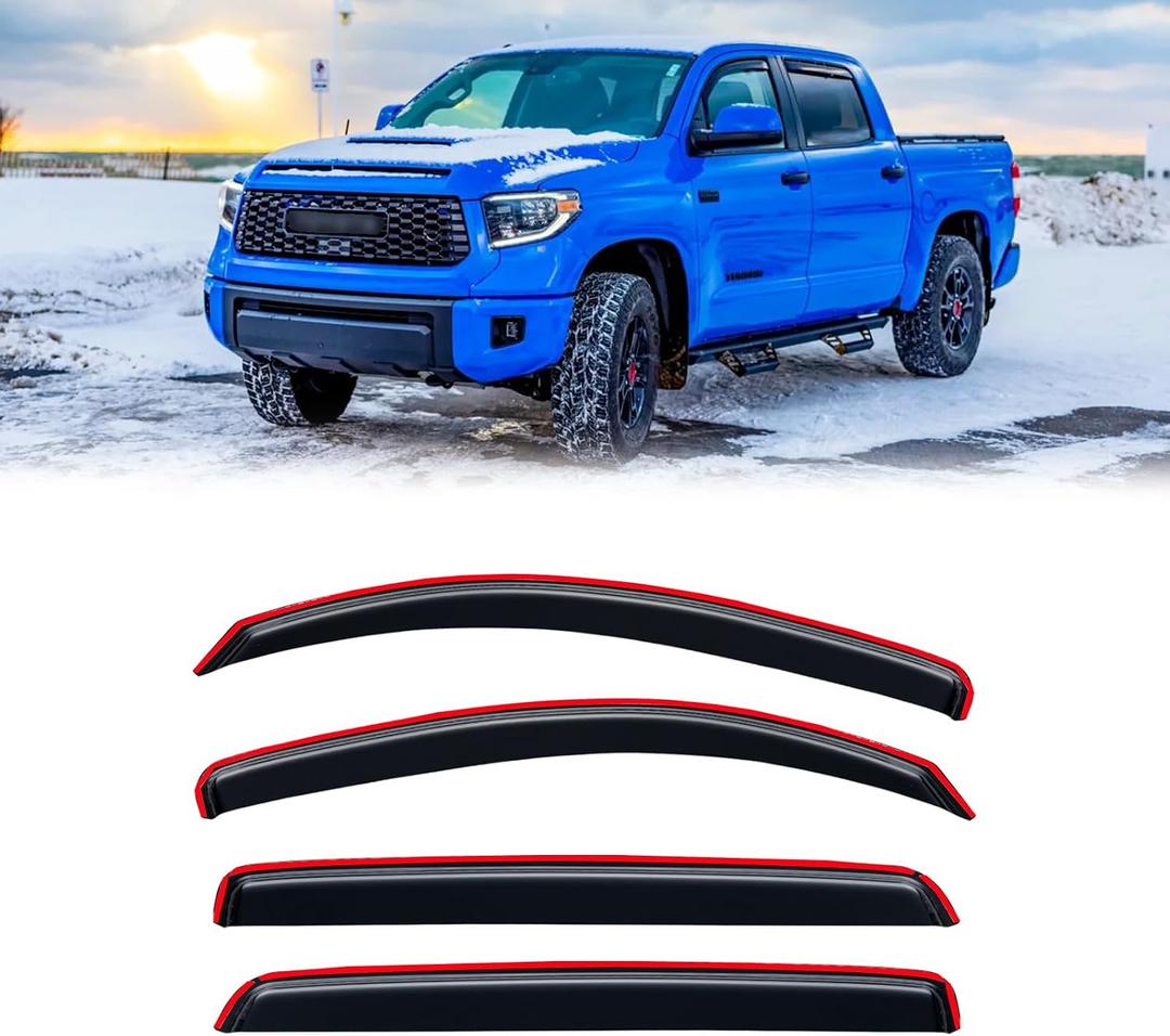 in-Channel Rain Guards for 2007-2021 Toyota Tundra Crewmax, Window Visor Shields Vent Deflector Shade Wind Dark Smoke 2008 2009 2010 2011 2012 2013 2014 2015 2016 2017, Tape-On Outside-Mount, 4PCS