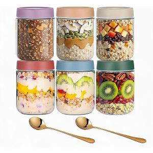 6 Pack Overnight Oats Containers with Lids - 16 oz (480ml) Glass Jars with Airtight Lids, Stackable Mason Jars for Yogurt, Chia Pudding, Meal Prep, Refrigerator & Freezer Safe