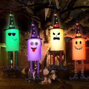 4 Pack Light Up Hanging Ghosts Halloween Decorations Outdoor, Glowing Ghosts with Witch Hats LED Halloween Ghost Lights for Yard Tree Porch Window Indoor Outdoor Party Decor