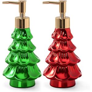 NOVAYEAH Christmas Soap Dispenser, Ceramic Green and Red Holiday Christmas Tree Hand Dish Soap Dispenser, Refillable Leak Proof Decorative Pump Bottle for Bathroom Kitchen Countertop