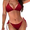 Zilcremo Women Two Piece Bikini Swimsuit Triangle Tie Bathing Suit Beads Cheeky String Bikini Sets Red, M
