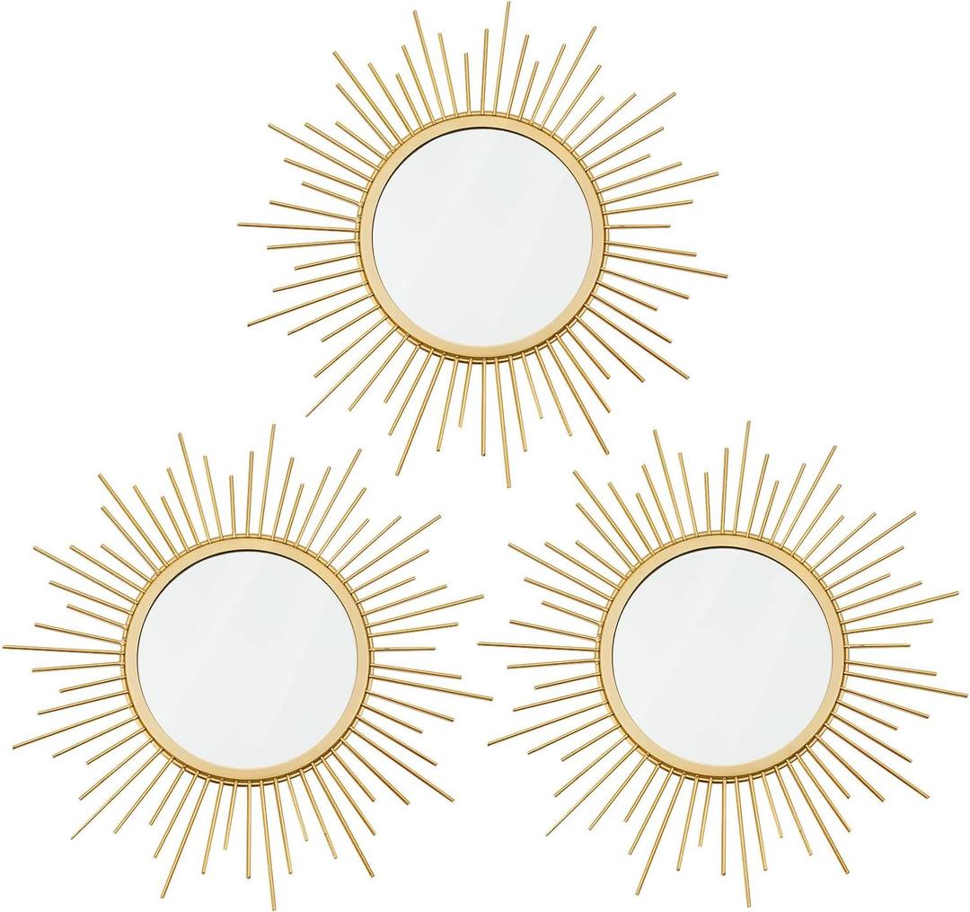 3 Pack Metal Mirrors for Wall Sunburst Wall Mirrors Home Dcor Decorative Hanging Wall Art for Living Room Bedroom Entryway (Gold, Sunburst)