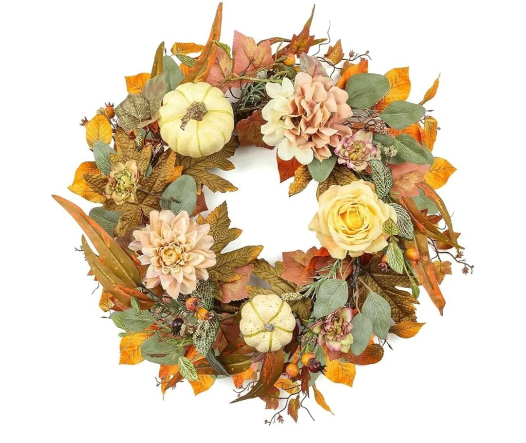 Fall Door Wreath with Pumpkins and Maple Leaves, Autumn Harvest Wreath with Berries, Indoor Outdoor Thanksgiving Halloween Decoration (Model B)
