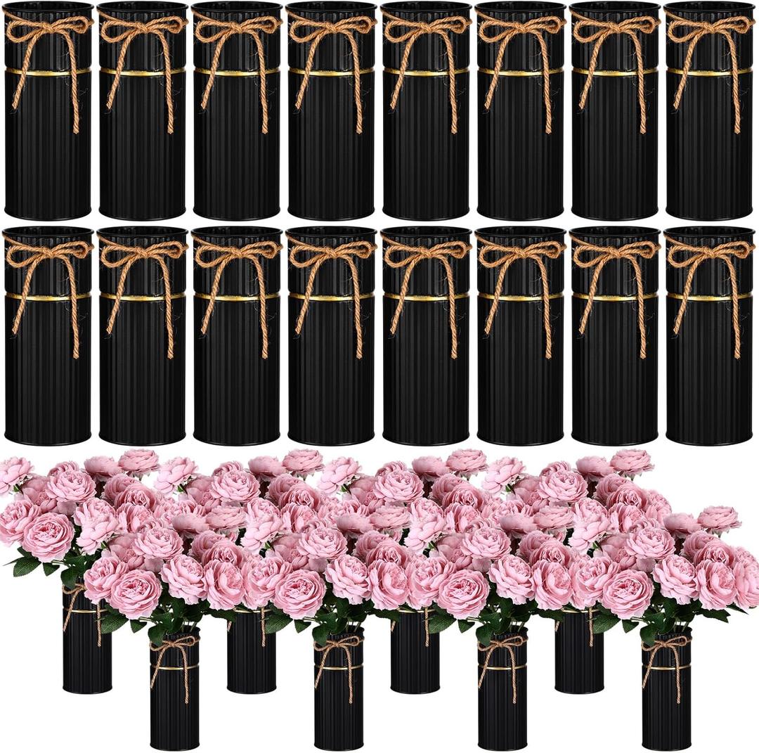 Mimorou 16 Pcs 7.48 Inch Thanksgiving Vases for Centerpieces Mason Jars with Twine Bow Galvanized Metal Flower Vase Rustic Vintage Farmhouse Tin Bucket for Wedding Home Table (Black)