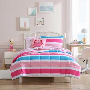 Nautica Kids - Kids Comforter Set, Super Soft Toddler Bedding with Matching Shams & Throw Pillow, Kids Home Decor, Ideal Girl Room Essentials (Cru Stripe Pink, Twin)