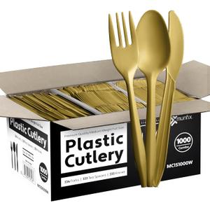 1000 Count Gold Silverware Set, 334 Forks, 333 Spoons, 333 Knives, Medium Weight BPA Free Disposable Plastic Cutlery Set, Bulk Combo Pack Flatware Set for Party Supplies