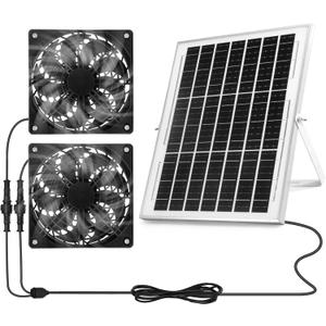 Solar Powered Fan Kit, Weatherproofed Exhaust Fan Air Ventilation Equipment with 25W Solar Panel and 2 High-Speed 5 Inch Dual Fans, Kit for Outside Chicken Coops, Pet House, Attics, Greenhouses, Shed