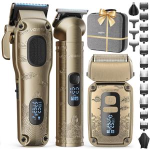 VGRPRO Hair Clippers & Trimmers Set for Men Professional, Waterproof Electric Razor Foil Shaver for Men Face Beard, Cordless for Hair Cutting, 4-Speed Setting, LED Battery Display, Barber or Home Use (Gloden)