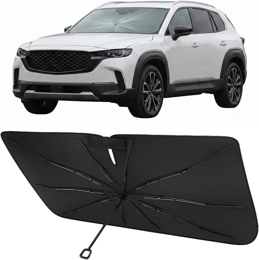 Proadsy Windshield Sun Shade Umbrella for Mazda CX-50 2023-2025 2026 Foldable Car Umbrella Sunshade with Soft TPU Handle Spring Structure Crystal Cooling Material Protect Car from Rays & Heat