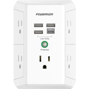 USB Wall Charger, POWERIVER Multi Outlet Extender Surge Protector with 4 USB Ports, 1680J Wall Outlet Adapter Spaced for Home School Office, ETL Listed, White