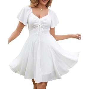 Florboom Women's Mini Dress Sweetheart Neckline Short Sleeve A-Line Smocked Flowy Bridal Shower Wedding Guest Dresses (White, XL)