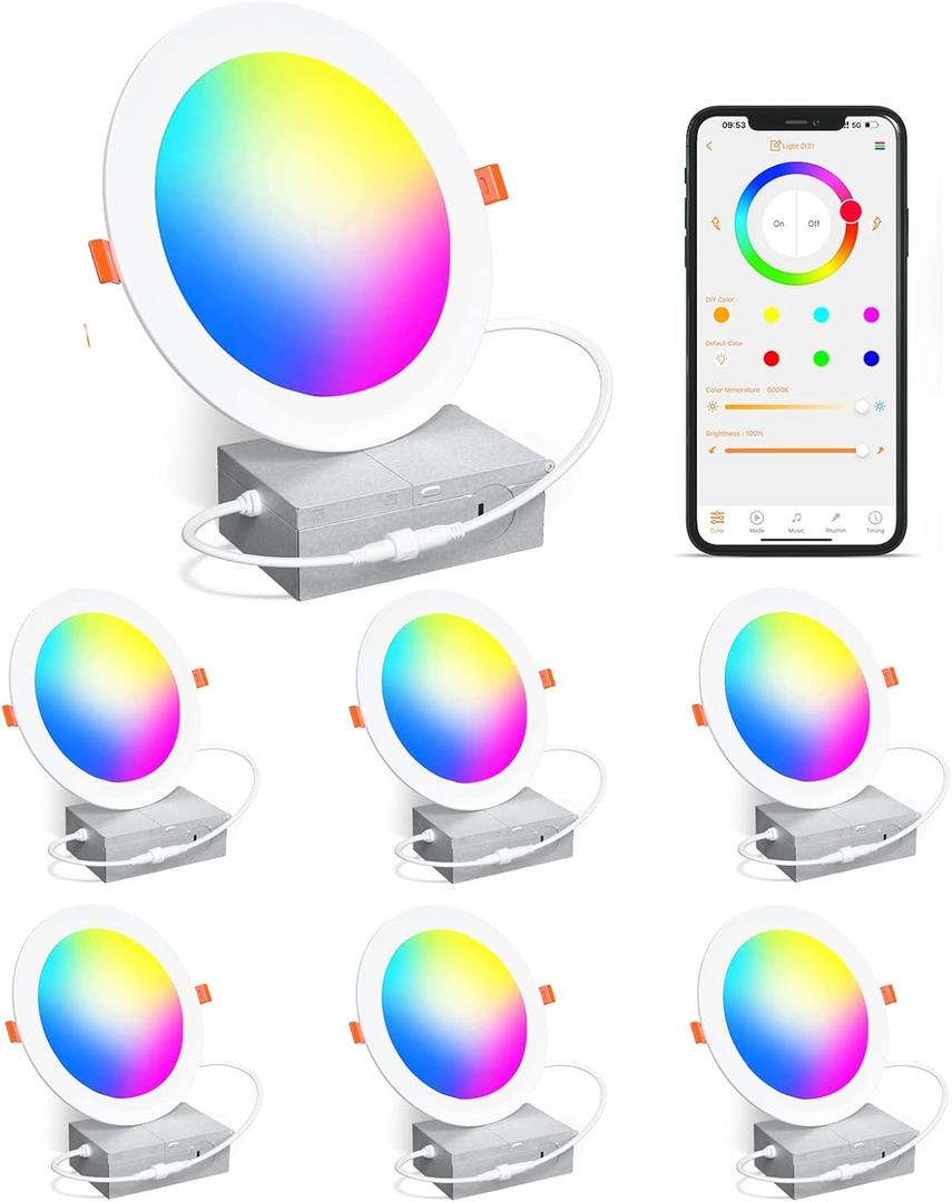 Smart Recessed Lighting 4 Inch RGBCW Color Changing 12W LED Recessed Ceiling Lights with Junction Box,1080LM Canless Downlight Compatible with Alexa,Dimmable by Bluetooth Control (6 Pack) (White Shell)