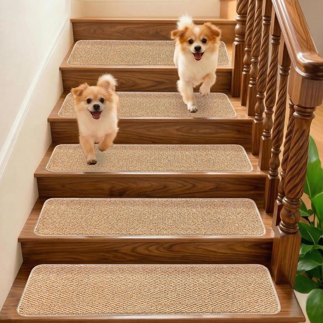 9.5x36 Inch Stair Treads for Wooden Steps Indoor(15-Pack) Non Slip Adhesive Peel and Stick Carpet Stair Treads, Washable & Reusable Stair Runner Rugs for Kids Elders and Pets-Khaki