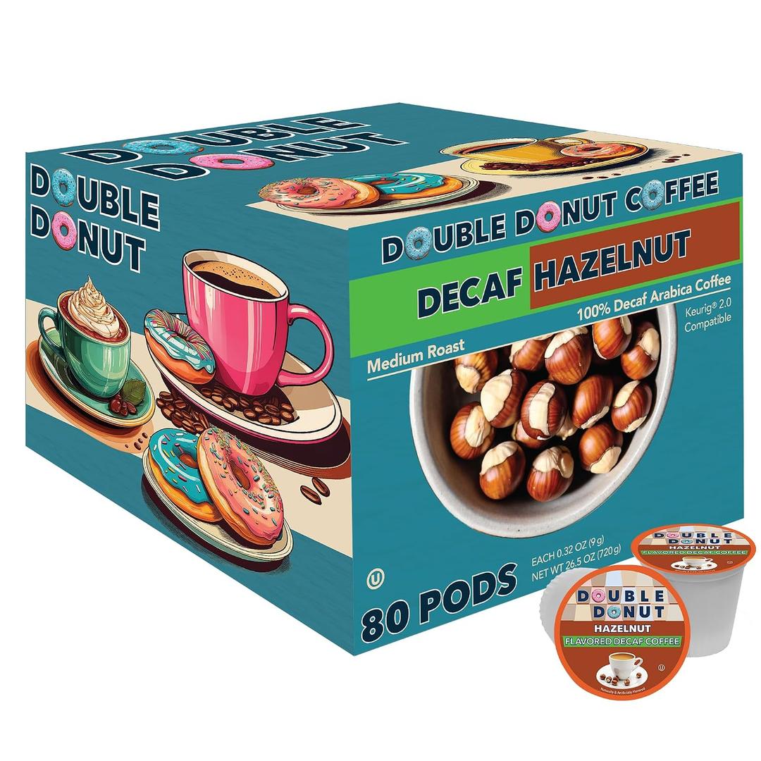 Double Donut Coffee Flavored Decaf Coffee, Decaf Hazelnut Coffee, Decaf Coffee Pods for Keurig K Cups Machines, Medium Roast, 80 Count (Pack of 1) (EXP 01/04/27)