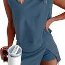 KevaMolly Womens Travel Outfits Summer Lounge Set Two Pieces Mineral Wash Cotton Tank Top Lined Split Athletic Skirt Set (Small, Navy Blue)