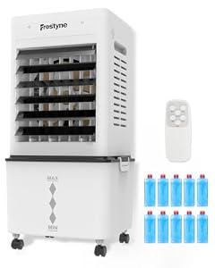 Frostyne Portable Evaporative Air Cooler w/ Humidifier – 3Ga Water Tank, 10 Ice Packs, 6 Speeds & 4 Modes, Timer & Remote, Windowless Portable Fan for Bedroom, Home, Office, White