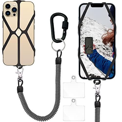 DHYLRICHER Cell Phone Lanyard, Phone Tether with Patch, 2 in 1 iPhone Lanyard Tether with Carabiner Clip for Anti-Drop Outdoor Skiing Hiking Cycling Climbing, Fits iPhone and Most Cell Phones