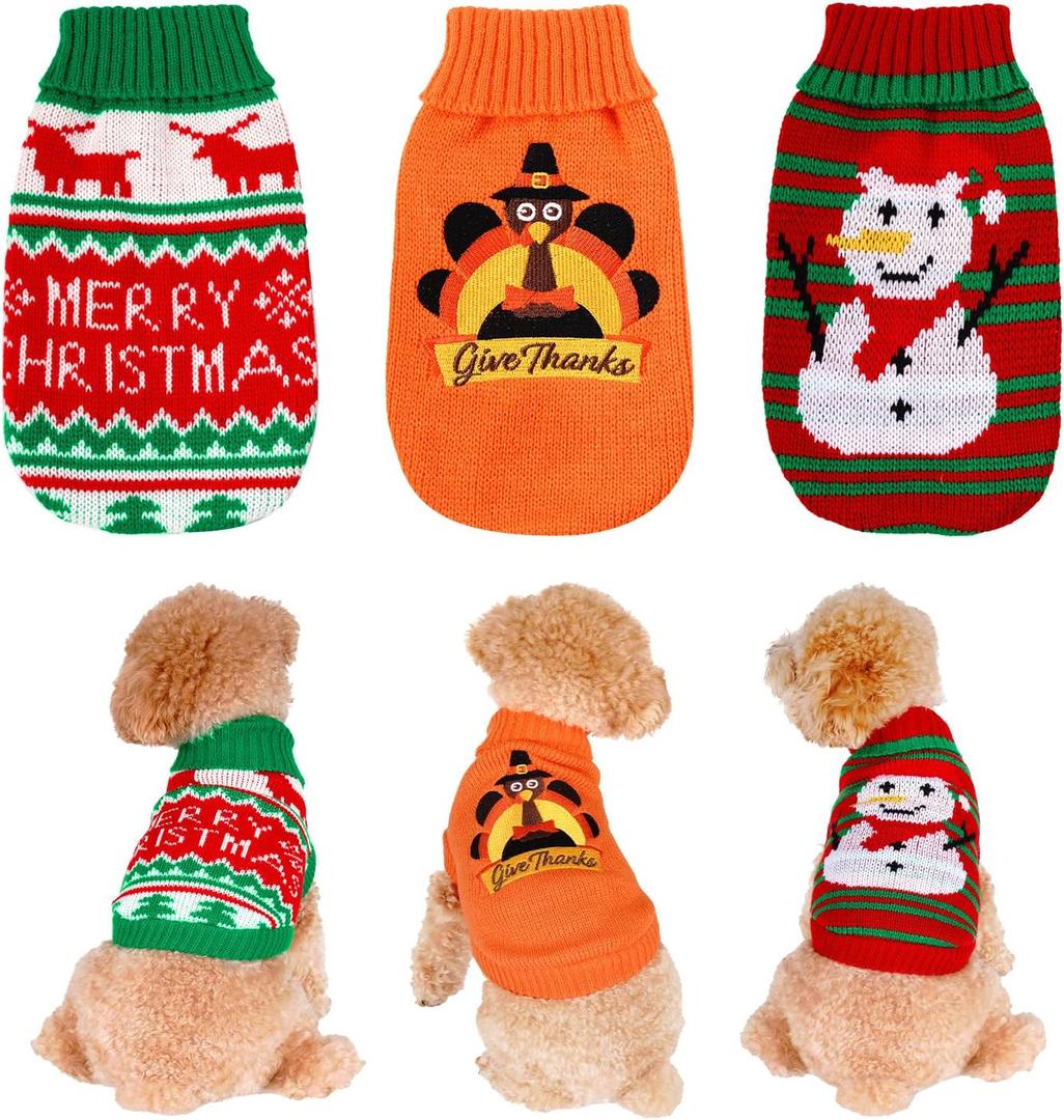 3 Pack Christmas Thanksgiving Dog Cat Sweaters Turkey Snowman Puppy Knitted Sweaters Turtleneck Knitwear for Small Dogs Cats,XL (Multi-colored)