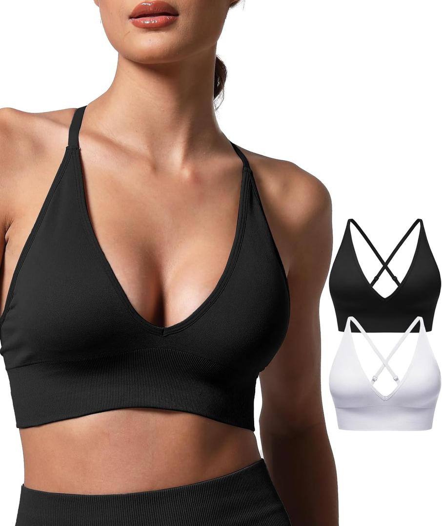 V Neck Adjustable Spaghetti Straps Sports Bra for Women, Padded Criss Cross Back Longline Yoga Bra Workout Crop Top Multipack (Large, Black White)