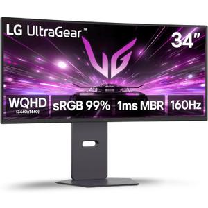 LG 34G600A-B 34-inch Ultragear WQHD (3440 x 1440) Curved Gaming Monitor 160Hz, AMD FreeSync Premium, HDR10, Built-in Speaker, Reader Mode, HDMI 2.1, DisplayPort, Tilt/Height/Swivel Stand, Black