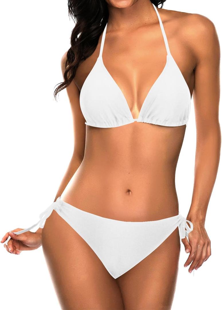 Tempt Me Women Triangle Bikini Sets Halter Two Piece Sexy Swimsuit String Tie Side Bathing Suit (White, M)