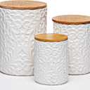Engraved Design Kitchen Canisters Set of 3 with 74 Oz, 36 Oz, and 18 Oz - White Storage Jars for Countertop with Airtight Bamboo Lids - Large Flour Tea Coffee Sugar Spices Container - Decorative