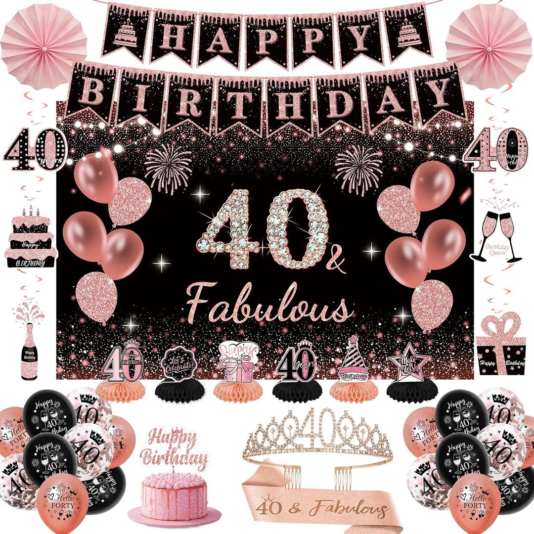 40th Birthday Decorations for Women - Rose Gold 37Pcs All-in-One Party Kit with Banner, Backdrop, Tiara, Sash, Cake Topper, Latex Balloons, Hanging Swirls, Centerpieces