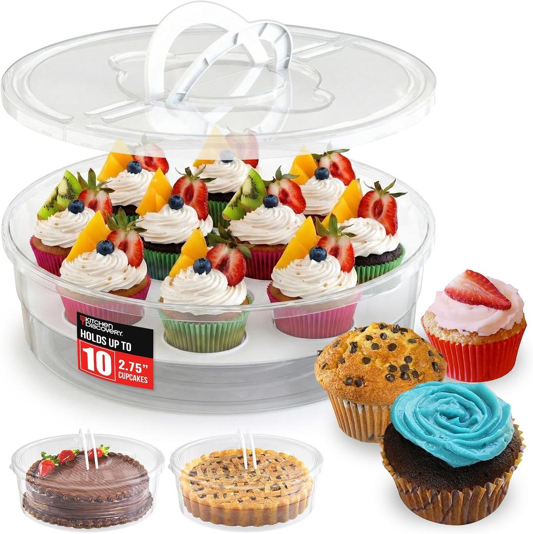 Kitchen Discovery Cupcake Carrier and Muffin Container Pie, Cake, and Cupcake Carrier with Lid and Handle for Safe Transport and Fresh Storage of a Variety of Desserts