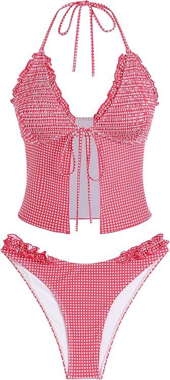 ZAFUL Tankini Swimsuits for Women Smocked Ruffles Tie Front Bowknot Textured High Cut Tanga Tankini Set (Large, 22-Red)