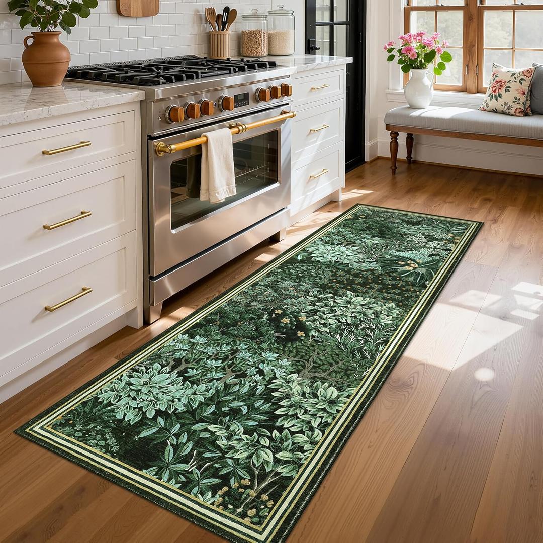 GarveeHome Forest Runner Rug, Dark Green Washable Runner Rug 2x6 for Kitchen, Botanical Low Pile Non Slip Stain Resistance Woodland Hallway Rug for Entryway Bedroom Laundry Room