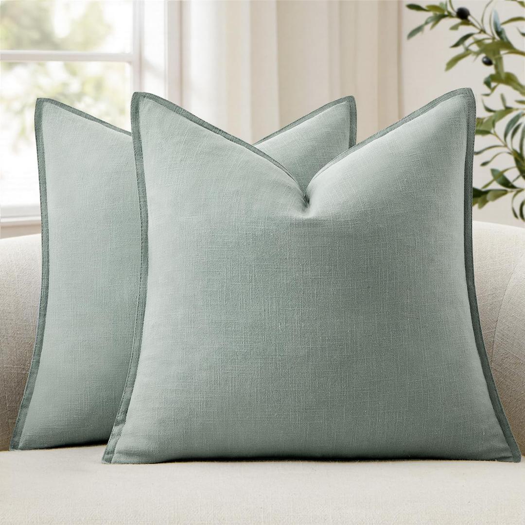 ANRODUO Pack of 2 Decorative Linen Pillow Covers Aqua Green Euro Sham Neutral Farmhouse Boho Soild Cushion Case Soft Accent Pillowcase for Couch Sofa Bedroom Living Room Home Decor 24 x 24 Inch