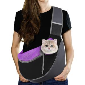 Pawaboo Dog Sling Carrier, Hand Free Breathable Mesh Bag for Puppy Cat, Drawstring Dog Papoose with Adjustable Strap and Pocket, Crossbody Satchel Dogs Purse for Outdoor Travel, S, Deep Purple