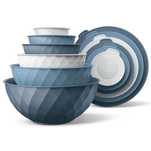 COOK WITH COLOR Mixing Bowls with Lids - 12 Piece Plastic Nesting Bowls Set includes 6 Prep Bowls and 6 Lids, Diamond Design - Microwave Safe, Denim