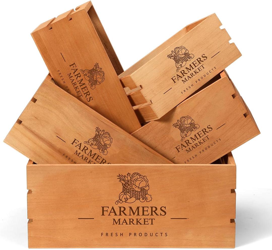 Barydat Set of 5 Wood Crates for Display Decorative Nesting Wooden Crate Storage with Handles Vintage Farmhouse Style Decorative Boxes Multipurpose Fruits Vegetables Boxes(Brown, Classic)
