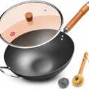 WANGYUANJI 13.4 Inch Carbon Steel Wok Pan with Glass Lid, Flat Bottom Chinese Stir Fry Wok for Induction, Gas and Electric Stoves, Uncoated Iron Wok for Stir Frying, Sauting and Deep Frying