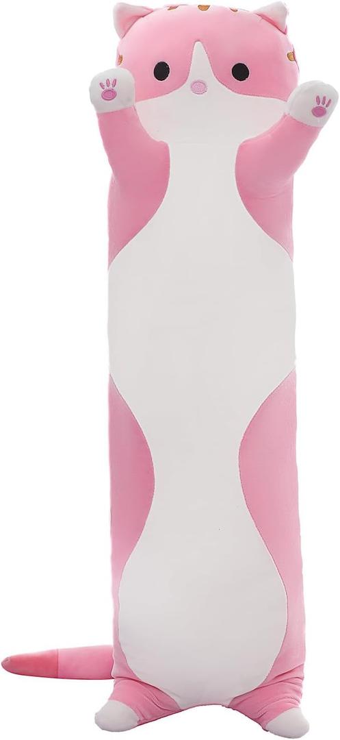 Cute Cat Plush Long Body Pillow  Soft Cartoon Stuffed Animal Doll, Kawaii Cat Plushie Cuddle Toy for Kids, Girls & Girlfriend (Pink, 35.4 Inch)