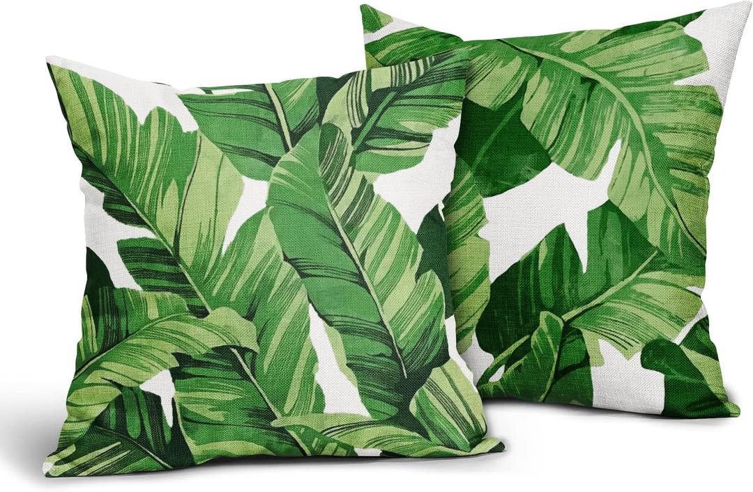Tropical Palm Leaves Throw Pillow Covers 18x18 Inch Pack of 2 Summer Green Banana Leaf Pillow Covers Modern Outdoor Tropical Pillowcase Square Linen Cushion Cover for Bedroom Sofa Couch Home Decor
