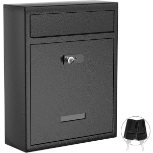 Wall Mount Mailbox (Upgraded Design), 16 Inch Metal Mailbox with Key and Password Combination Lock, Waterproof Wall Mount Mailboxes for Outside, Security Drop Box with Transparent Window, Black