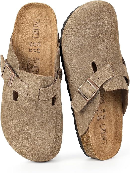 ALGF Women’s Genuine Suede Clogs for Women Slip-On Buckle Slides Women's Mules & Clogs Natural Rubber Cork Footbed Sandals Potato Shoes with Arch Support Size 8,5