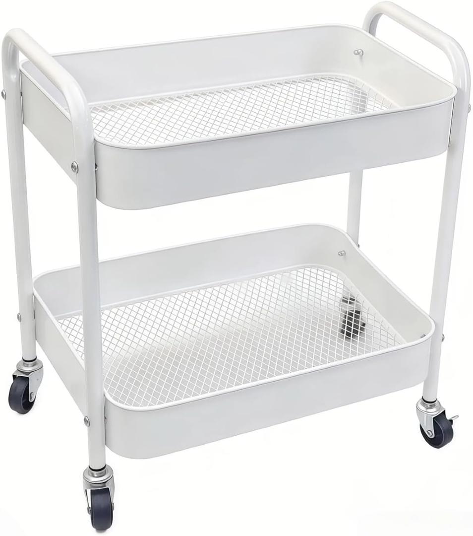 Under Desk Storage Cart 2 Tier Utility Rolling Cart with Wheels, Small Metal Mobile Trolley with Handle Two Tiered Utility Organizer Roller for Kitchen Office Bathroom Pantry Room, White