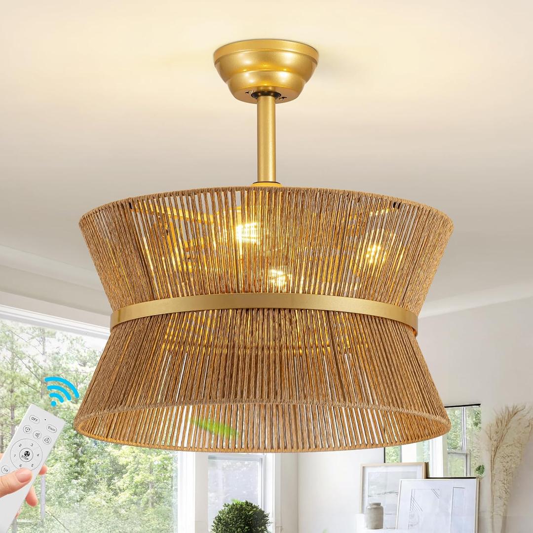 Boho Fandelier Ceiling Fan with Light and Remote Rattan Chandelier Fan Gold Caged Ceiling Fan with Light for Bedroom, Living Room Nursery Foyer Kitchen（6 Speed, Timing Adjustable Height）