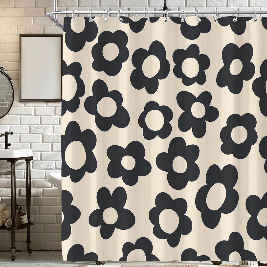 Black Cute Retro Floral Abstract Flower Shower Curtain for Bathroom 72W*72H Inch 70s Lovely Vintage Aesthetic Funky Bathtub Decor Modern Trendy Waterproof Polyester Fabric Set with 12 Hooks