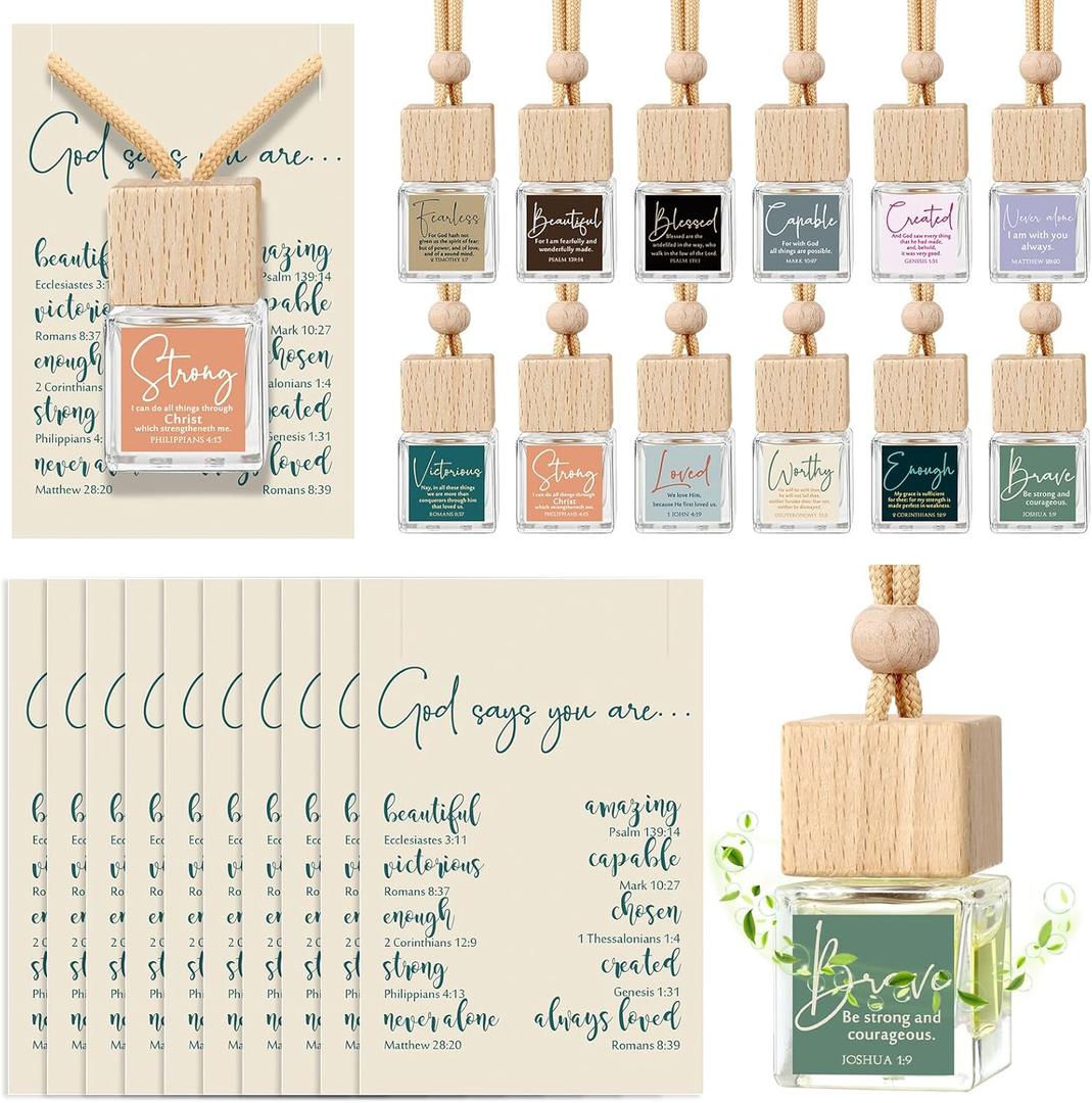 Maxdot 24 Set Christian Gift Bulk Church Empty Hanging Car Air Freshener Diffuser Bottles 8ml for Essential Oils Religious Biblical Gifts Valentine's Favors for Women Men Employee